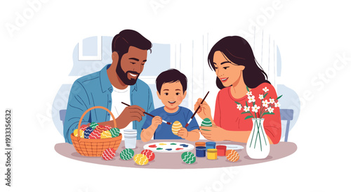Modern vector illustration of family painting Easter eggs together at home table during spring holiday. Seasonal creative bonding activity and parenting lifestyle concept with festive decorations