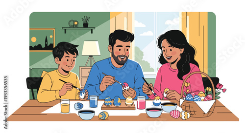 Modern vector illustration of family painting Easter eggs together at home table during spring holiday. Seasonal creative bonding activity and parenting lifestyle concept with festive decorations