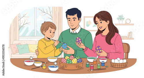 Modern vector illustration of family painting Easter eggs together at home table during spring holiday. Seasonal creative bonding activity and parenting lifestyle concept with festive decorations