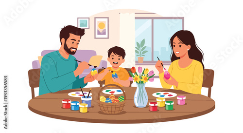 Modern vector illustration of family painting Easter eggs together at home table during spring holiday. Seasonal creative bonding activity and parenting lifestyle concept with festive decorations