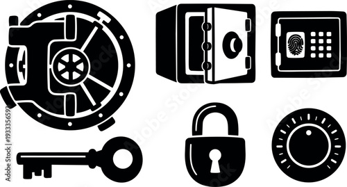Flat silhouette icon set showing vault door safe key padlock dial and biometric keypad in bold black style vector minimal