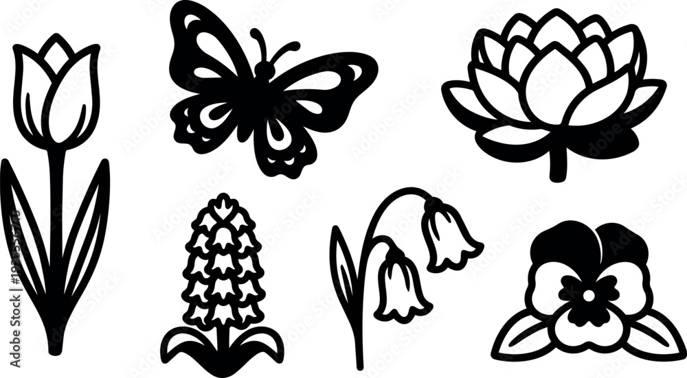 Fototapeta premium Flat design floral icon set with tulip hyacinth lotus bellflowers pansy and butterfly simple black line art minimalist vector icons
