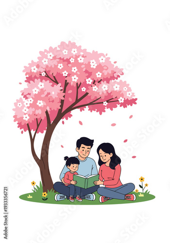 Modern vector illustration of parents and children reading book together under tree in spring park. Peaceful education and bonding lifestyle concept with nature outdoor seasonal environment
