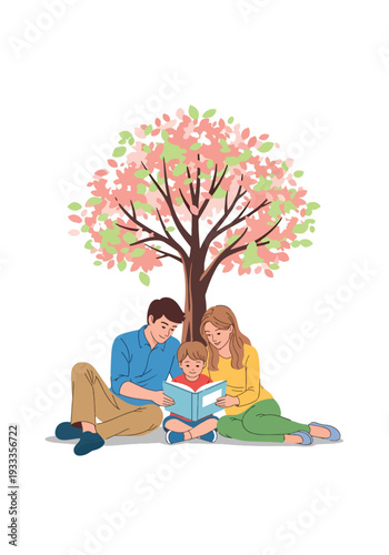 Modern vector illustration of parents and children reading book together under tree in spring park. Peaceful education and bonding lifestyle concept with nature outdoor seasonal environment