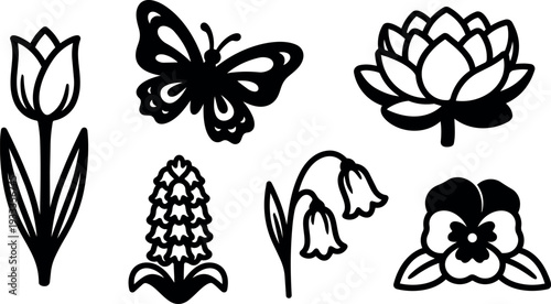 Flat design floral icon set with tulip hyacinth lotus bellflowers pansy and butterfly simple black line art minimalist vector icons