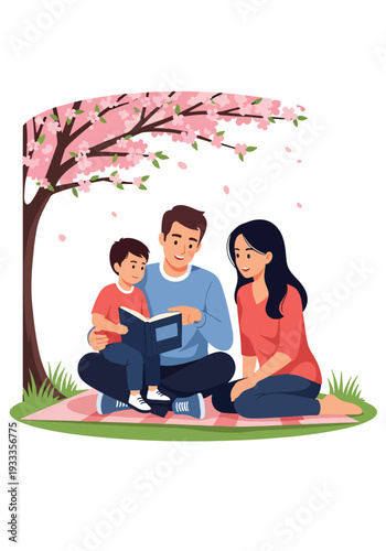 Modern vector illustration of parents and children reading book together under tree in spring park. Peaceful education and bonding lifestyle concept with nature outdoor seasonal environment