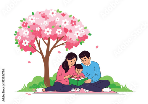 Modern vector illustration of parents and children reading book together under tree in spring park. Peaceful education and bonding lifestyle concept with nature outdoor seasonal environment