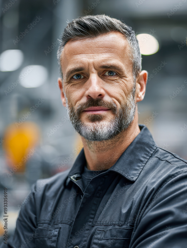 Fototapeta premium Confident mature man with a beard wearing a work uniform standing in an industrial workshop environment with a focused and calm expression