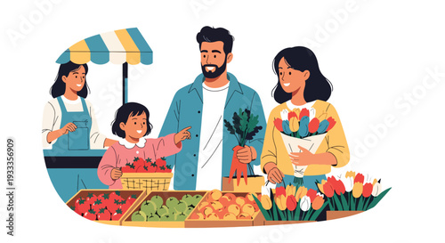 Modern vector illustration of family shopping at spring farmers market with fresh fruits and flowers. Seasonal outdoor lifestyle and local community holiday concept for parents and children