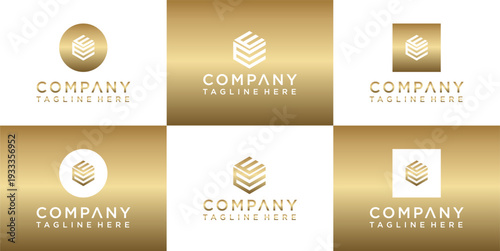 Set of six modern company logos with golden gradient and 3D cube design.