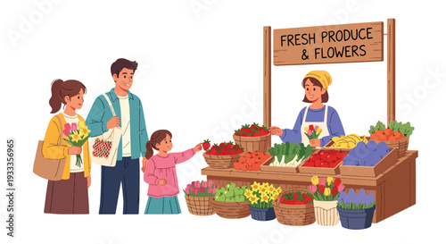 Modern vector illustration of family shopping at spring farmers market with fresh fruits and flowers. Seasonal outdoor lifestyle and local community holiday concept for parents and children