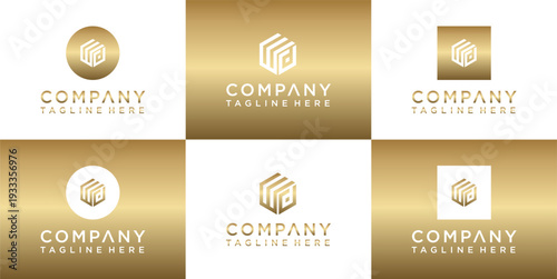 Luxury company logo templates with golden 3D cube emblems and elegant typography.