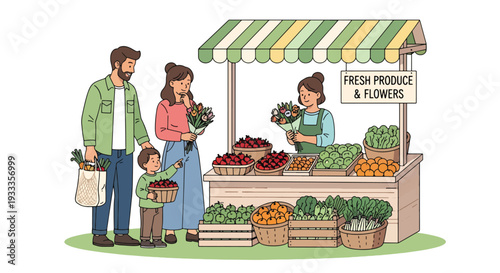 Modern vector illustration of family shopping at spring farmers market with fresh fruits and flowers. Seasonal outdoor lifestyle and local community holiday concept for parents and children