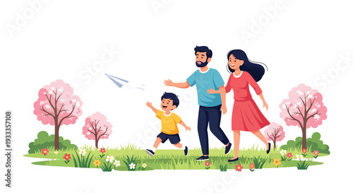 Modern vector illustration of family flying paper plane together in blooming spring field. Outdoor leisure and parenting bonding lifestyle concept with happy children and sunny nature scene