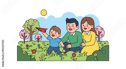 Modern vector illustration of family flying paper plane together in blooming spring field. Outdoor leisure and parenting bonding lifestyle concept with happy children and sunny nature scene