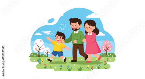 Modern vector illustration of family flying paper plane together in blooming spring field. Outdoor leisure and parenting bonding lifestyle concept with happy children and sunny nature scene