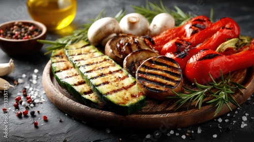Assortment of colorful grilled vegetables arranged artistically on a wooden platter with seasonings nearby