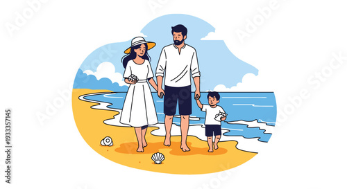 Modern vector illustration of family walking on beach during spring vacation collecting shells. Travel holiday lifestyle concept with parents and children enjoying coastal outdoor time together