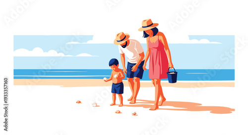 Modern vector illustration of family walking on beach during spring vacation collecting shells. Travel holiday lifestyle concept with parents and children enjoying coastal outdoor time together
