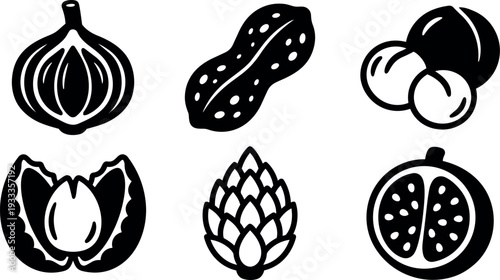 Flat design black and white food icons set featuring garlic peanut cherries hazelnut artichoke and pomegranate simple vector symbols collection