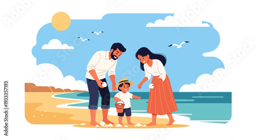 Modern vector illustration of family walking on beach during spring vacation collecting shells. Travel holiday lifestyle concept with parents and children enjoying coastal outdoor time together