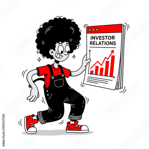 Cartoon Character Holding Investor Relations Graph.