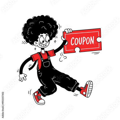 Cartoon Character Holding Red Coupon Ticket.