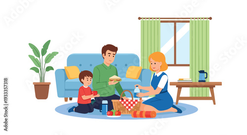 Modern vector illustration of family preparing picnic basket together at home before spring outing. Seasonal holiday planning and bonding lifestyle concept with parents and children teamwork