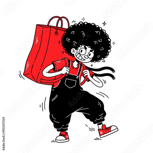 Cartoon Child with Red Backpack Running.