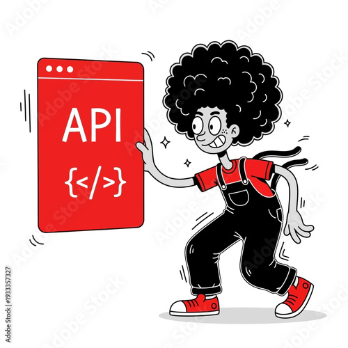 Cartoon Character Interacting with API Interface.