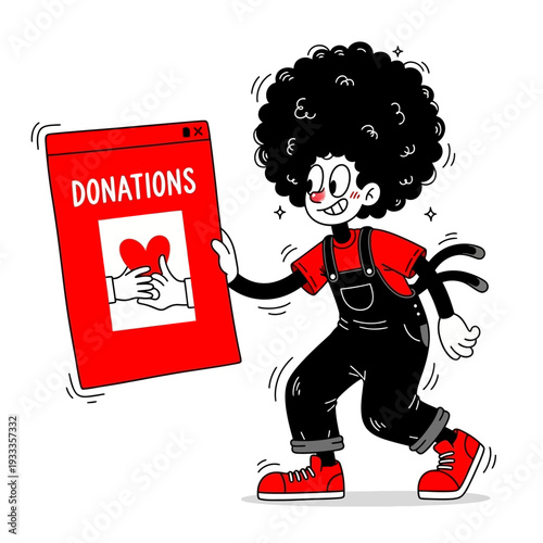 Cartoon Character Holding Donation Box.