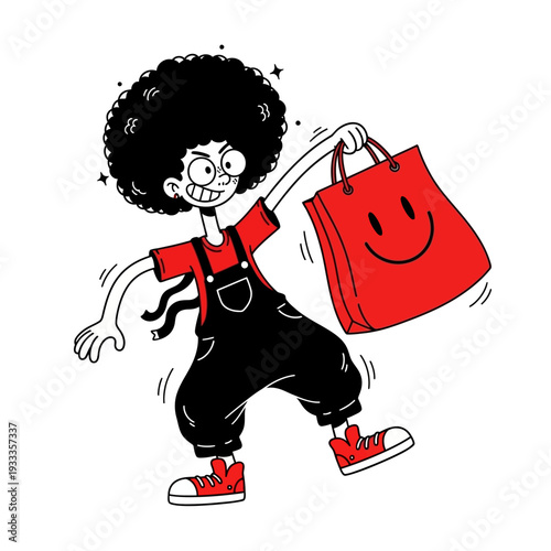 Cartoon Character Holding Red Shopping Bag.