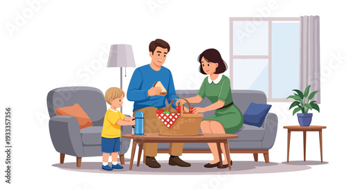 Modern vector illustration of family preparing picnic basket together at home before spring outing. Seasonal holiday planning and bonding lifestyle concept with parents and children teamwork