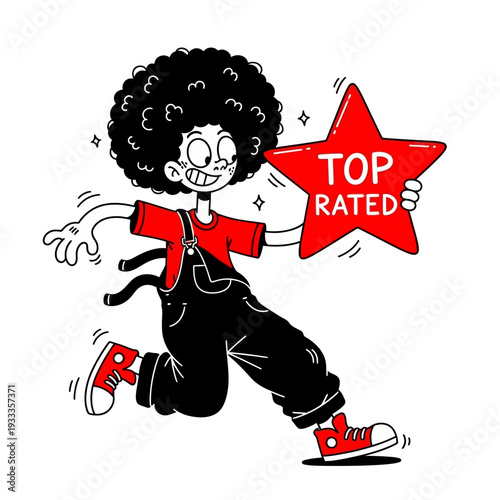 Cartoon Character Holding Top Rated Star.