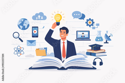 Businessman emerging from a large open book holding a glowing lightbulb, surrounded by icons of technology, science, and communication, representing information gathering and creative innovation.