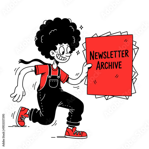 Cartoon Character Holding Newsletter Archive Sign.