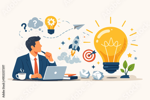Businessman sitting at desk with laptop brainstorming creative ideas and innovation. Flat vector illustration featuring lightbulb, rocket launch, target, and paper plane for startup success.