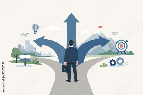Businessman at a crossroads deciding on career path and future direction with arrows pointing to city, mountain, and goals. Concept of strategy, choice, and professional growth illustration.