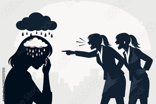Silhouette of a Sad Woman with Rain Clouds in Her Head Being Bullied and Reprimanded by Two Female Colleagues, Concept of Workplace Harassment, Toxic Environment, Depression, and Vector Illustration
