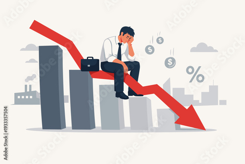 Sad businessman sitting on a downward red arrow during economic recession and financial crisis. Concept of stock market crash, business failure, unemployment, debt, and global market decline.