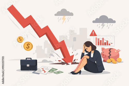 Stressed businesswoman sitting on floor during financial crisis and economic recession with a large red arrow crashing down, broken piggy bank, falling coins, and stock market failure concept.
