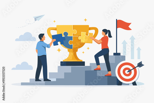 Teamwork and Success Concept Illustration with People Assembling a Golden Trophy Jigsaw Puzzle on a Staircase to Reach Goals, Target and Flag Symbols for Business Achievement and Motivation.