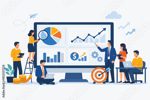 Business Team Analyzing Data and Financial Statistics on Large Screen for Growth Strategy. Flat Vector Illustration of People Working with Charts, Graphs, and Infographics for Marketing.