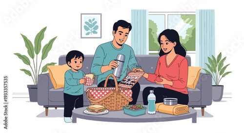 Modern vector illustration of family preparing picnic basket together at home before spring outing. Seasonal holiday planning and bonding lifestyle concept with parents and children teamwork
