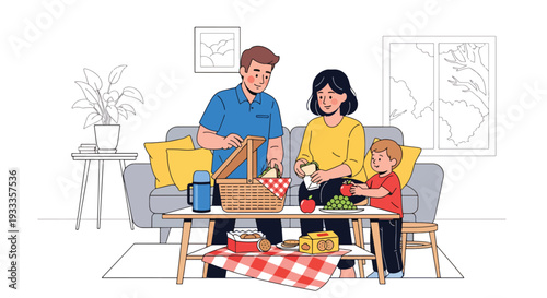 Modern vector illustration of family preparing picnic basket together at home before spring outing. Seasonal holiday planning and bonding lifestyle concept with parents and children teamwork