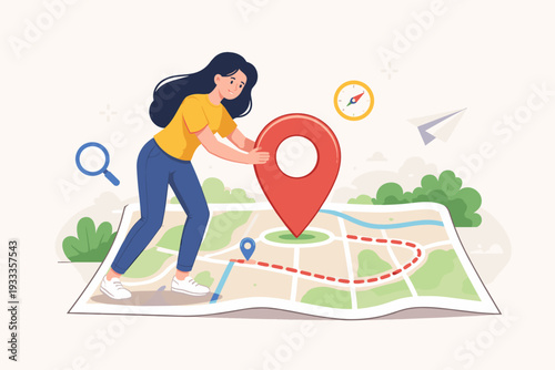 Woman Placing a Large Red Location Pin on a Map for GPS Navigation and Travel Planning, Flat Vector Illustration Concept for Finding Directions, Search, Destination, and Route Guidance Service.