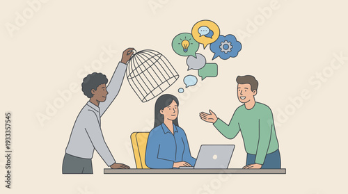 Freedom of speech and thought concept vector illustration with a woman at a laptop while a colleague lifts a cage from her head, releasing creative ideas and icons in a modern office workspace.