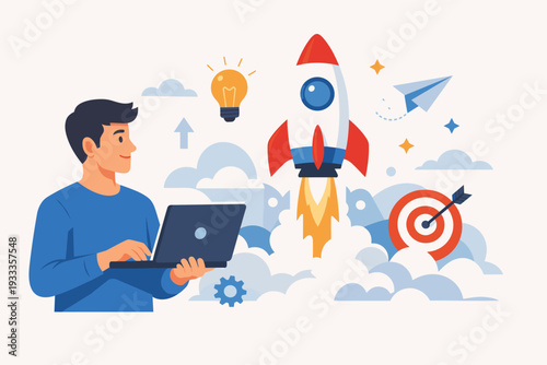 Startup Business Launch Concept Illustration with a Young Entrepreneur Holding a Laptop and a Rocket Taking Off, Symbolizing Innovation, Success, Goal Achievement, and Creative Idea Development.
