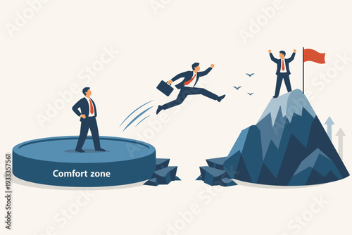 Businessmen jumping out of their comfort zone to achieve success and career goals. Vector illustration of a man leaping from a safe platform to a mountain peak with a red flag of victory.