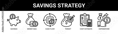 Savings Strategy web banner icon vector illustration concept with icons of savings, money bag, cash flow, target, cost estimate, and expenditure.
